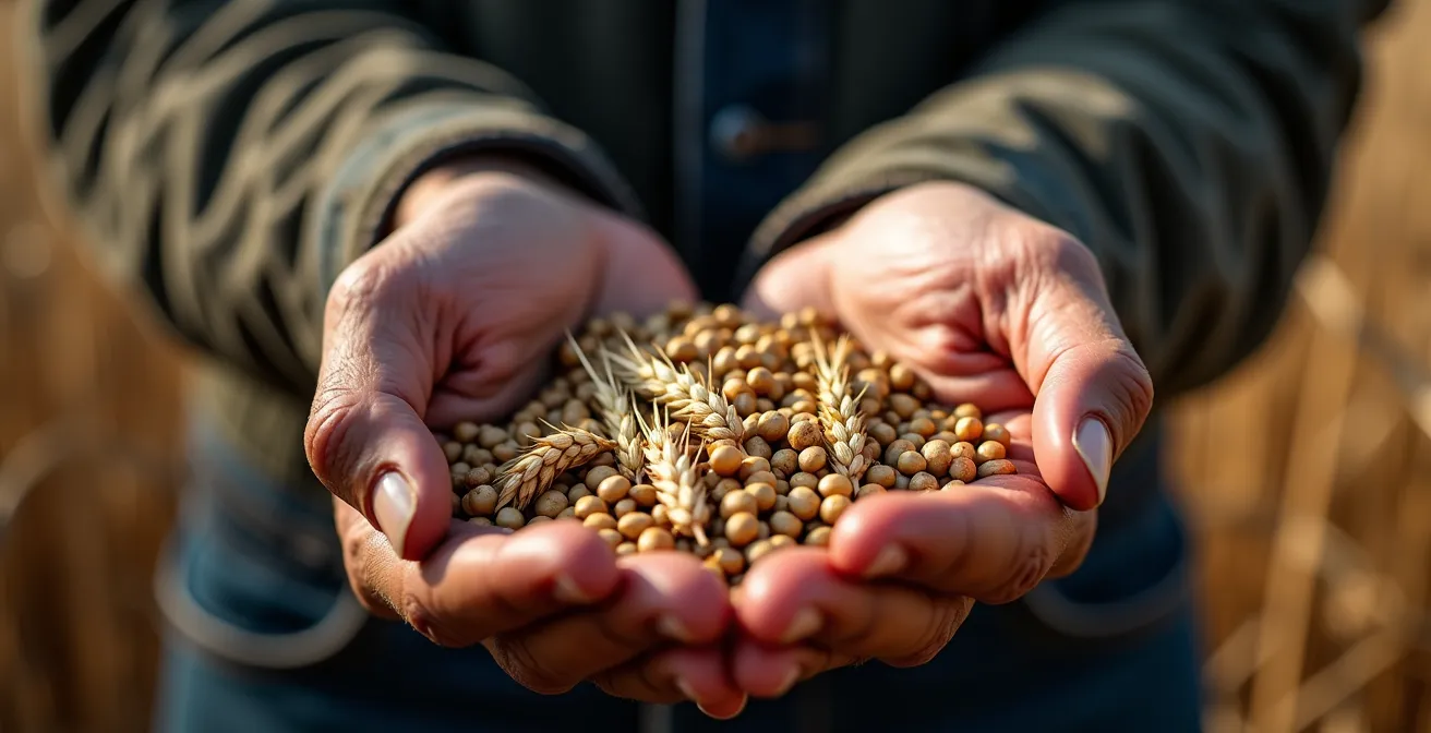 Die verwitterten Hände eines Bauern halten historische Getreidesorten wie Emmer und Einkorn, Symbol für Authentizität und Tradition.