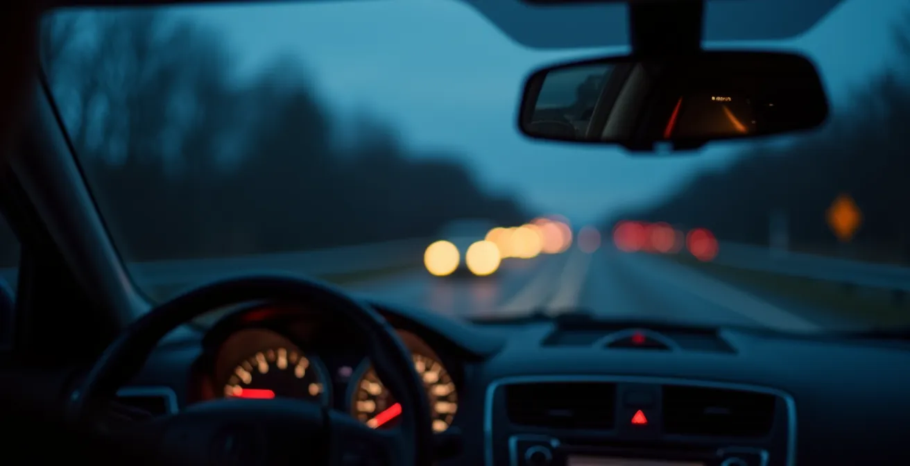 Symbolische Darstellung der deutschen Autobahnkultur aus der Fahrerperspektive mit Scheinwerfern im Rückspiegel.