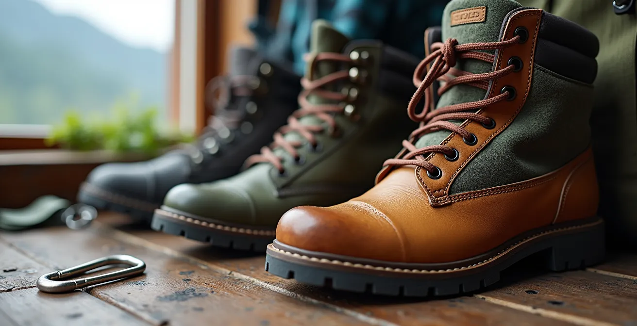 Detailaufnahme von nachhaltiger Wanderausrüstung auf Holztisch mit Bergen im Hintergrund