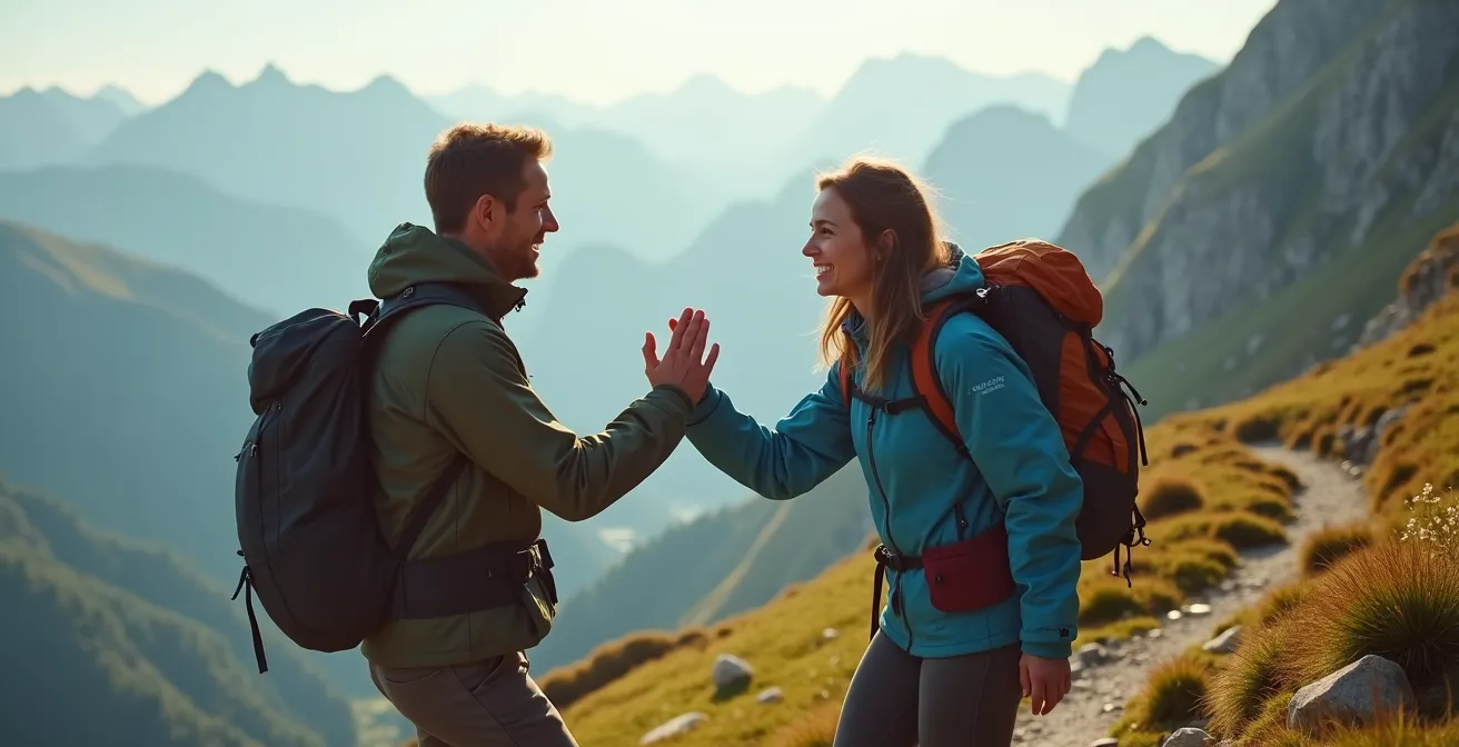 Wanderer grüßen sich freundlich auf schmalem Bergpfad mit Alpenpanorama