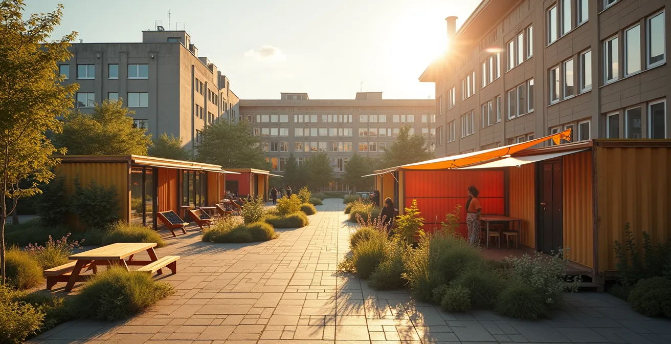Temporäre Kunstinstallation auf einer Berliner Brachfläche mit urbaner Architektur im Hintergrund