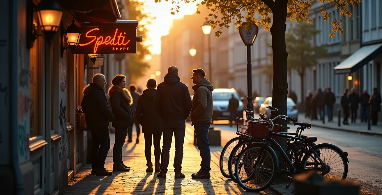 Lebendige Kiezatmosphäre in einem Berliner Stadtteil am Abend