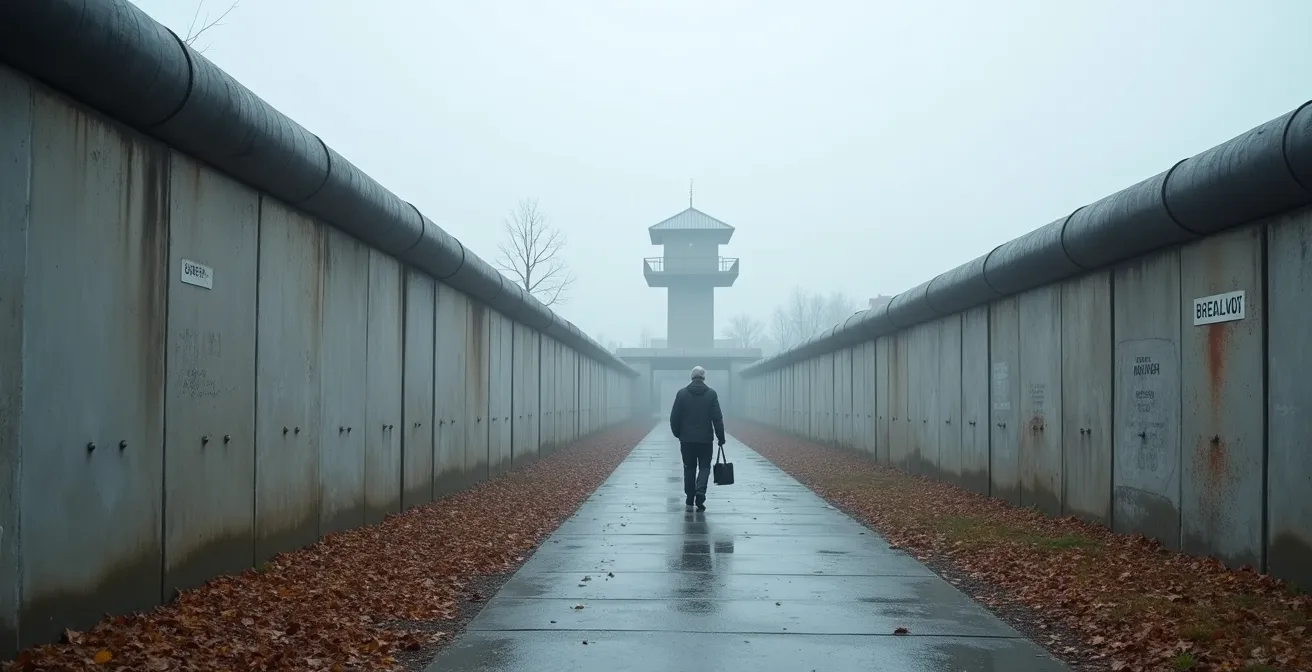 Besucher an der Gedenkstätte Berliner Mauer in der Bernauer Straße bei nebligem Herbstwetter