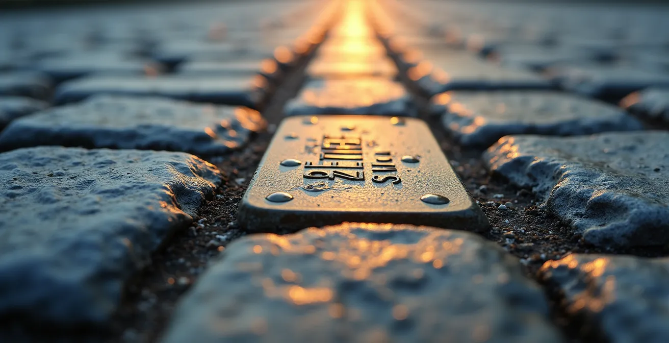 Nahaufnahme der doppelten Pflastersteinreihe, die den ehemaligen Mauerverlauf in Berlin markiert