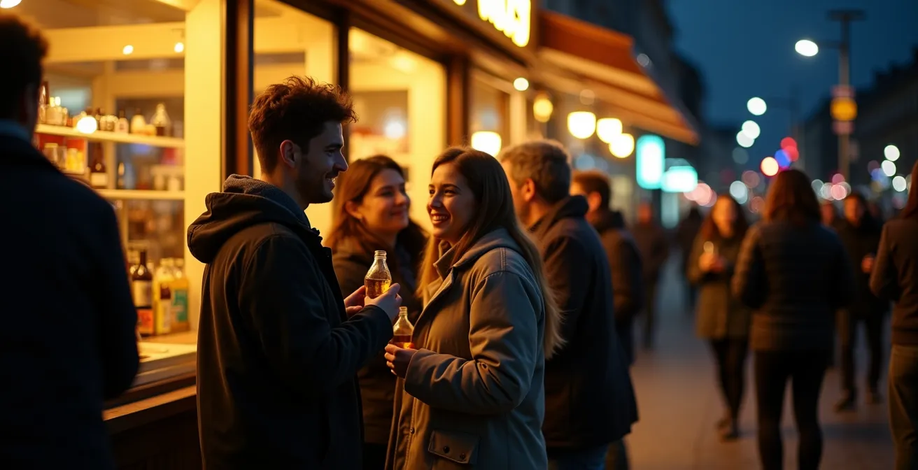 Nächtliche Szene vor einem beleuchteten Spätkauf in einem Berliner Kiez