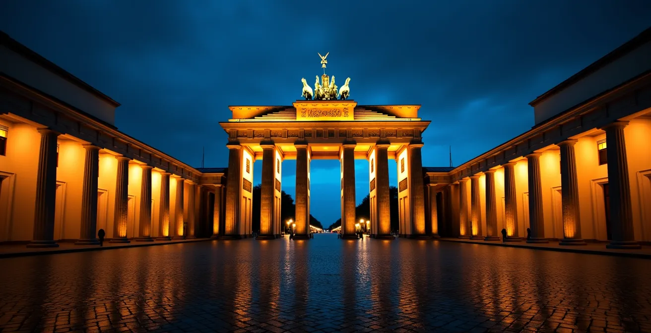 Brandenburger Tor bei Nacht mit dramatischer Beleuchtung und langen Schatten