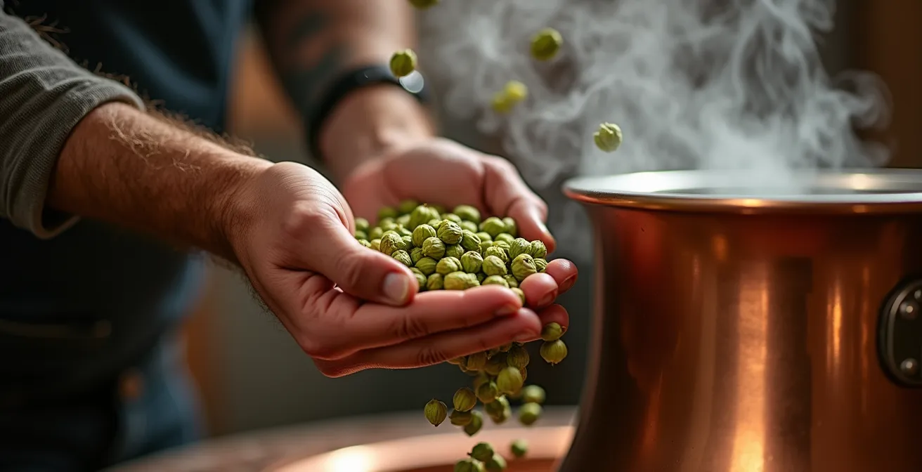 Nahaufnahme von Händen beim Hopfenhinzufügen im Braukessel