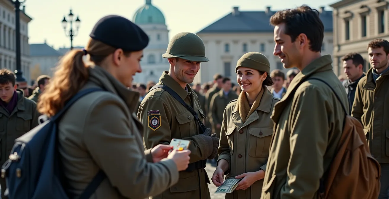 Touristen am Checkpoint Charlie mit verkleideten Schauspielern in US-Uniformen