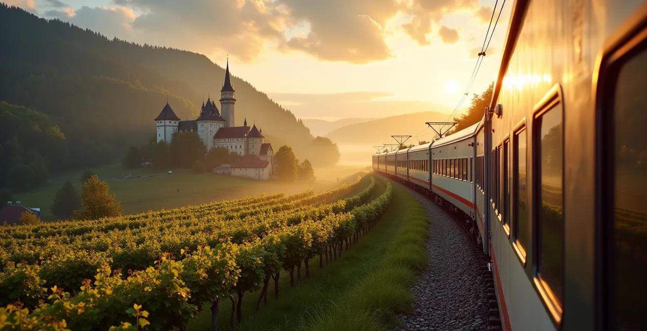 Zug fährt durch malerische Rheinlandschaft mit Burgen im Hintergrund