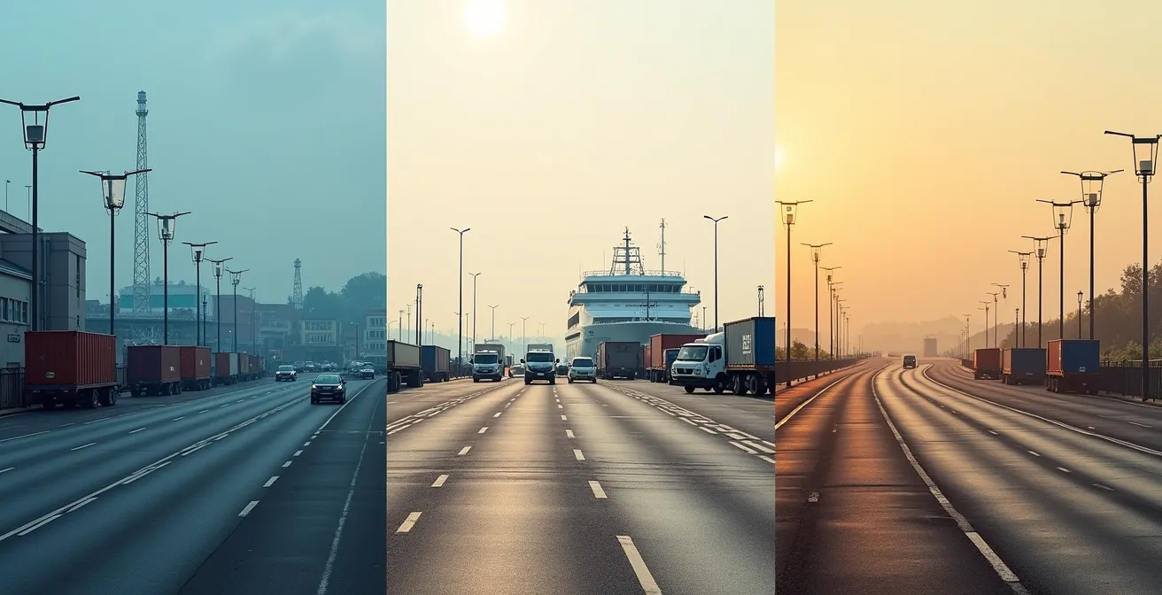 Draufsicht auf drei deutsche Fährhäfen mit verschiedenen Fährschiffen und Verkehrsanbindungen