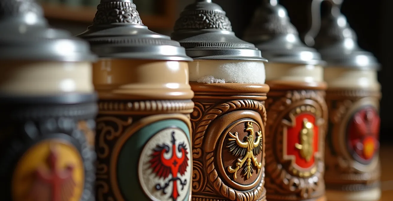 Makroaufnahme traditioneller deutscher Bierkrüge mit regionalen Wappen
