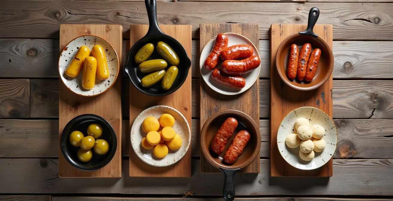 Komposition regionaler deutscher Spezialitäten wie Spreewaldgurken, Nürnberger Würstchen und Lübecker Marzipan in traditioneller Präsentation.