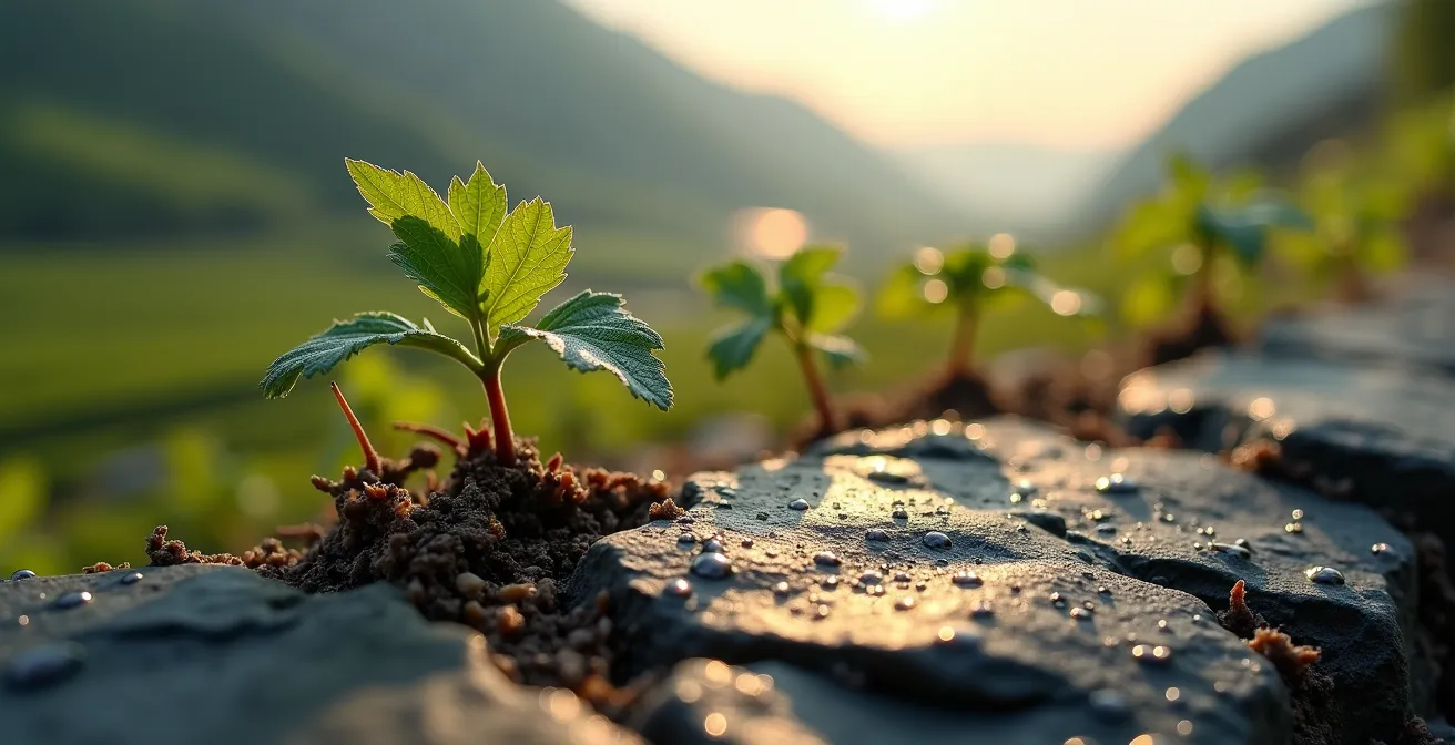 Steile Weinberge an der Mosel mit Schieferboden im Detail