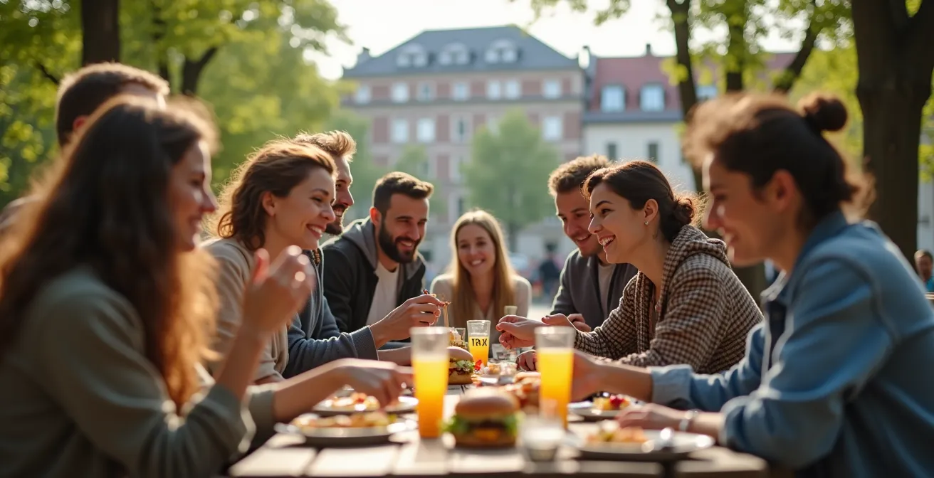 Menschen verschiedener Generationen und Herkünfte in einem modernen deutschen Stadtpark, die gemeinsam lachen und die heutige Gesellschaft repräsentieren