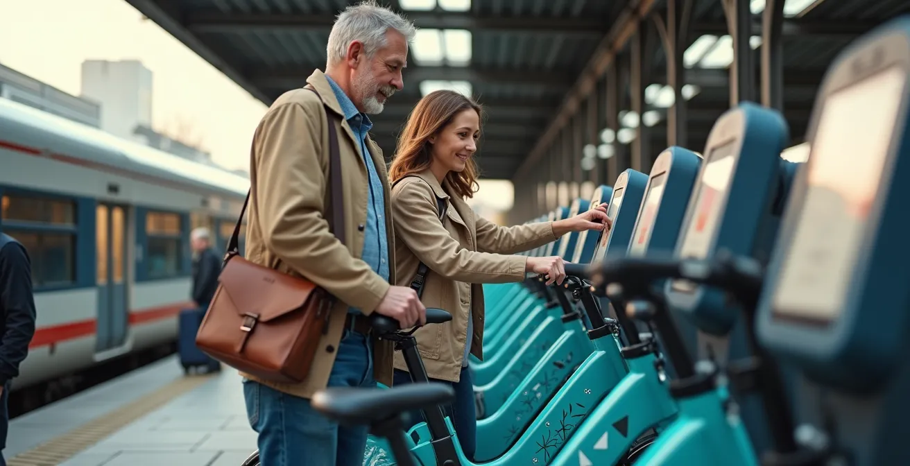 E-Bikes an einer modernen Verleihstation am Bahnhof bereit zur Abfahrt