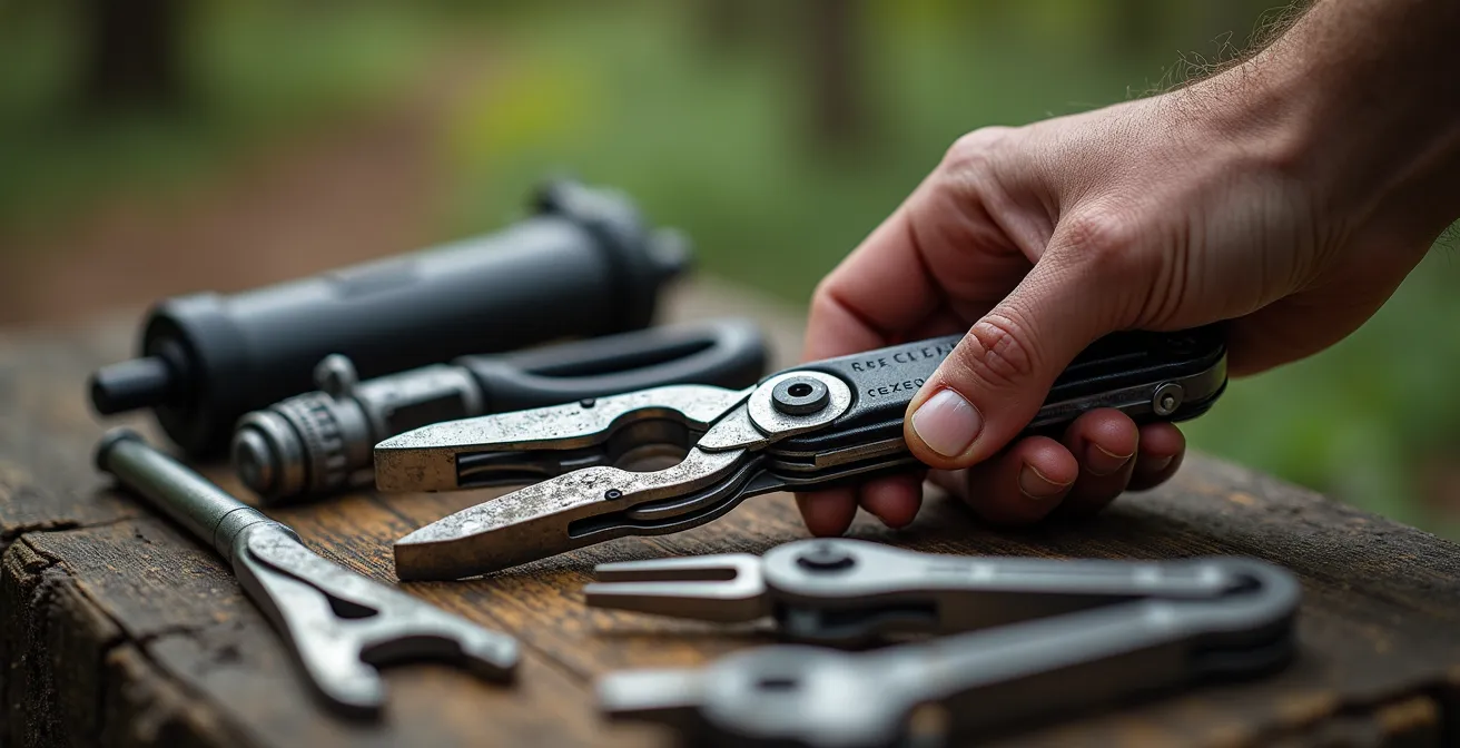 Detailaufnahme professioneller Fahrradwerkzeuge für Pannenreparatur unterwegs