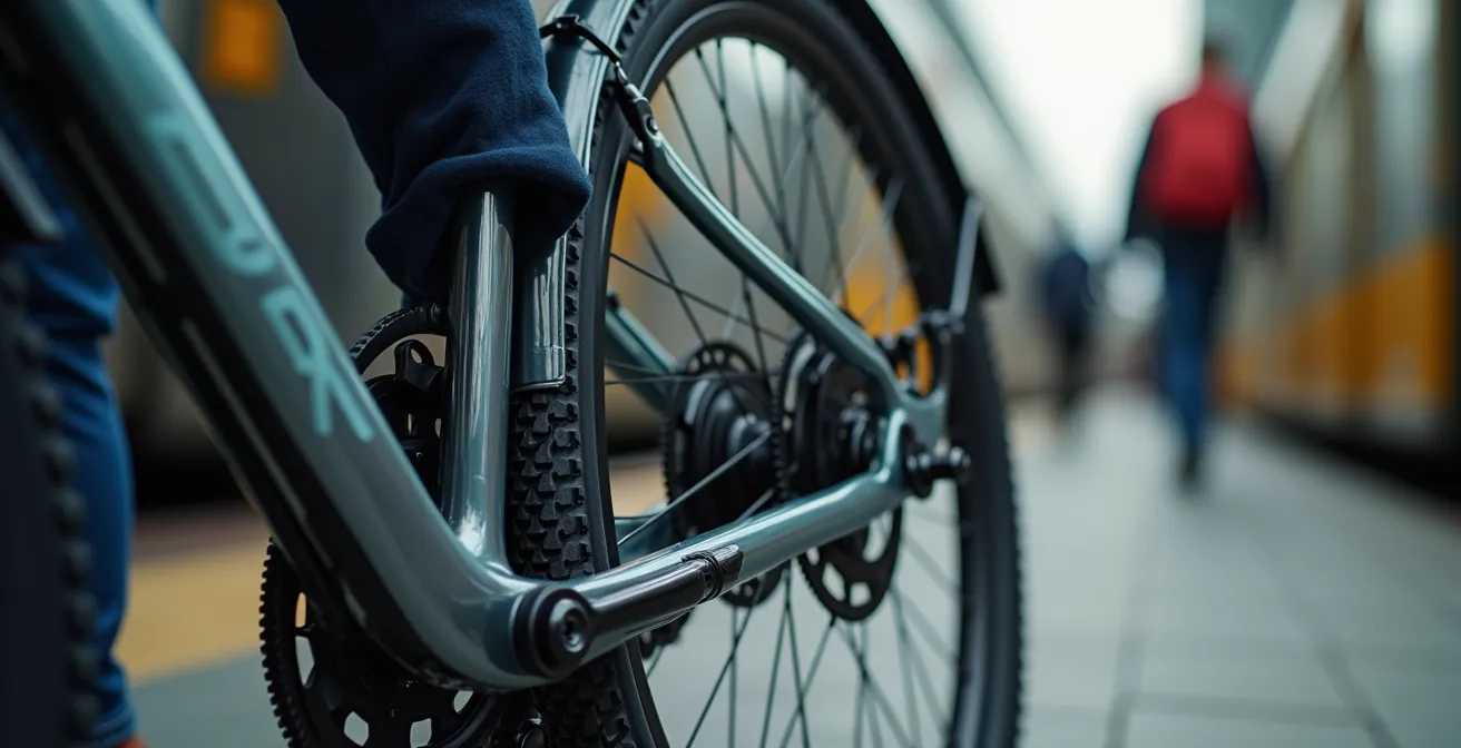 Reisender mit zusammengeklapptem Faltrad steigt in Regionalbahn