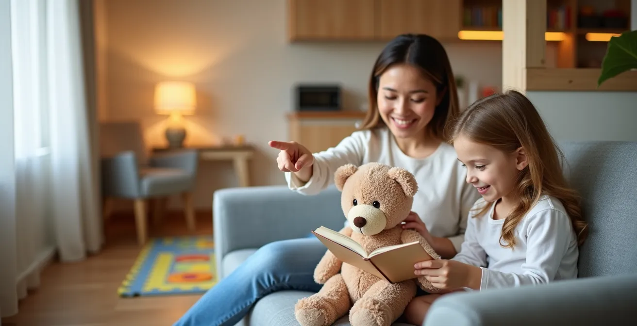 Eine Mutter liest ihrem Kind in einem gemütlich eingerichteten Familienzimmer mit Spielecke im Hintergrund vor.