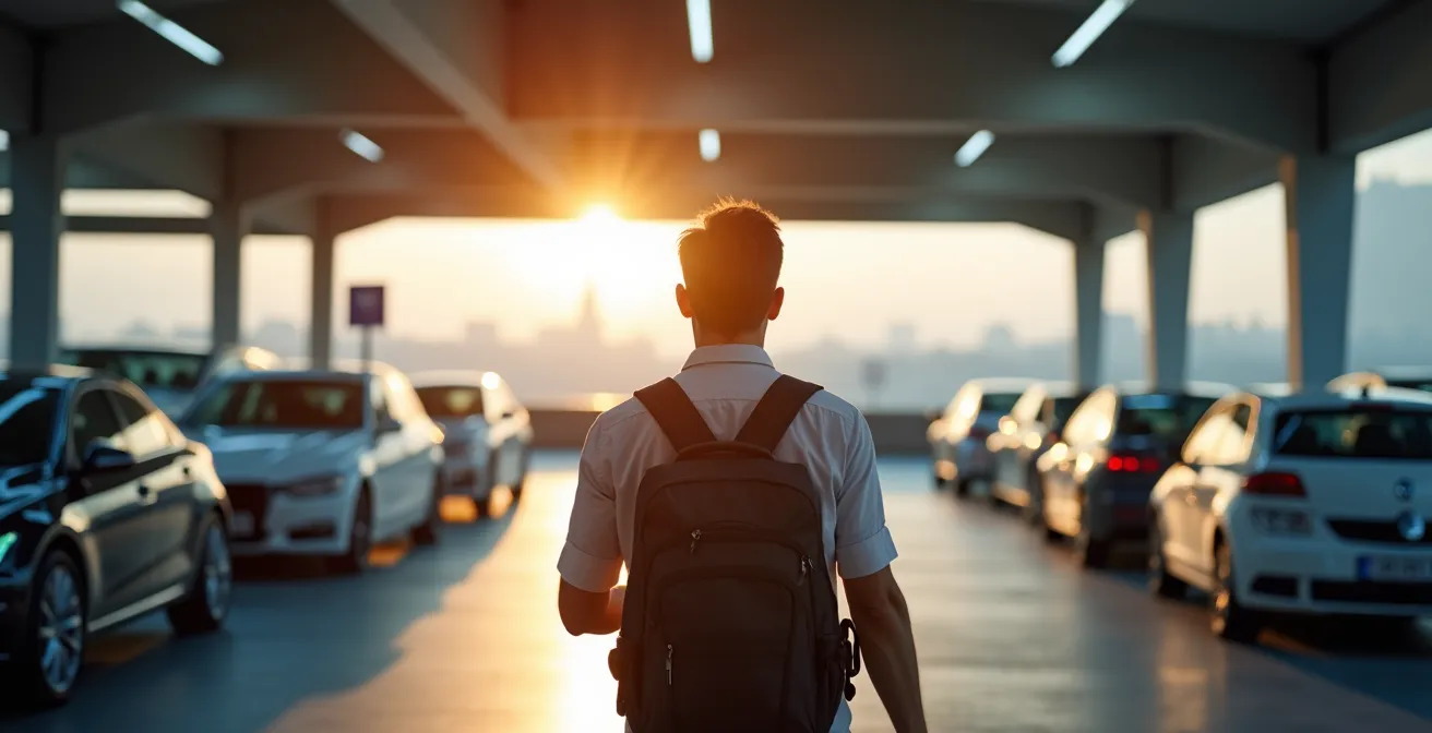 Ein Reisender mit Gepäck nähert sich einer Reihe von Mietwagen in einem modernen Flughafenparkhaus.