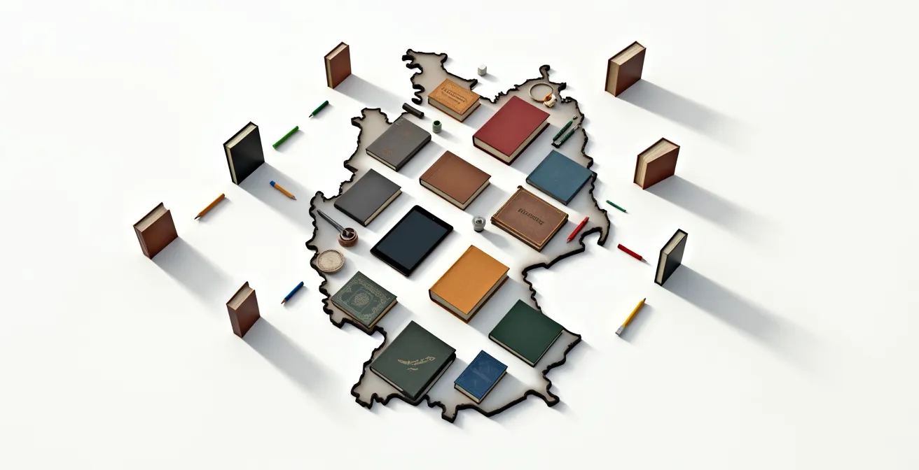 Symbolische Darstellung der 16 Bundesländer durch unterschiedliche Bildungsmaterialien, die die Vielfalt des deutschen Bildungssystems repräsentieren