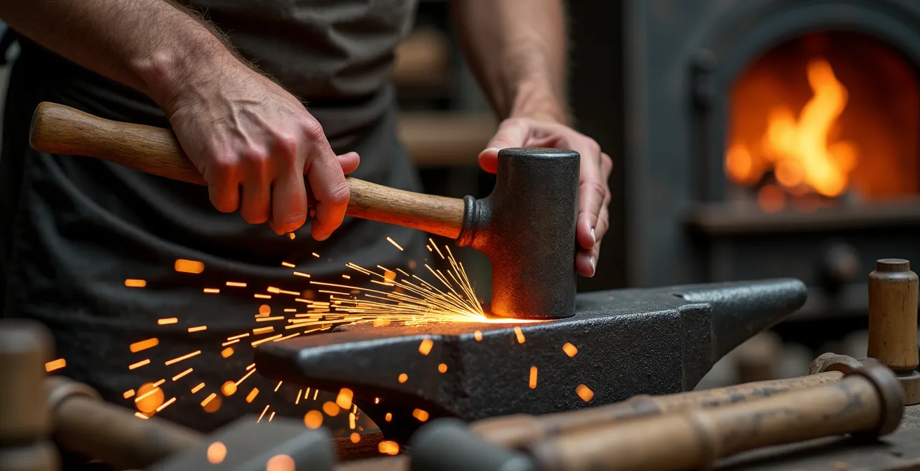 Handwerker in historischer Kleidung demonstriert traditionelle Schmiedekunst