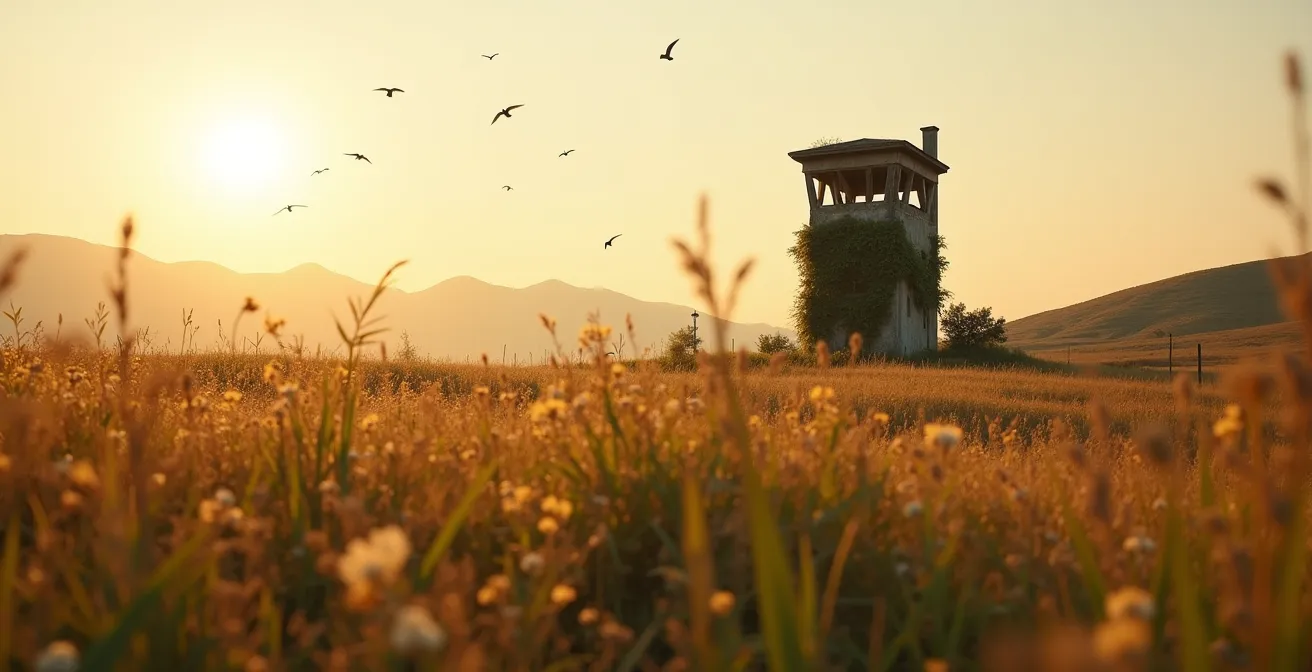 Weite Landschaftsaufnahme des Grünen Bandes mit verlassenem Wachturm und üppiger Vegetation