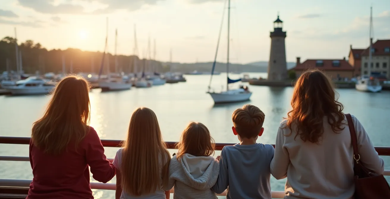 Weitwinkelpanorama der Kieler Förde mit Segelbooten und historischen Hafengebäuden im goldenen Nachmittagslicht