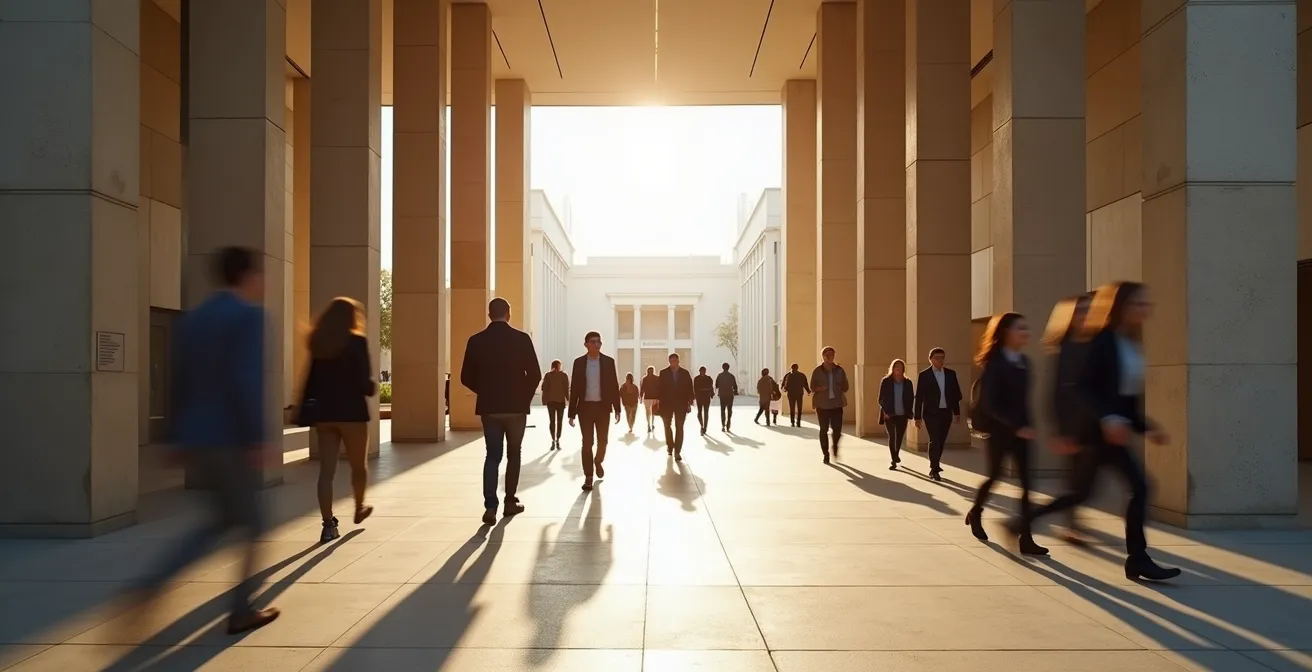 Weitwinkelaufnahme der modernen James-Simon-Galerie mit Besuchern in Bewegungsunschärfe