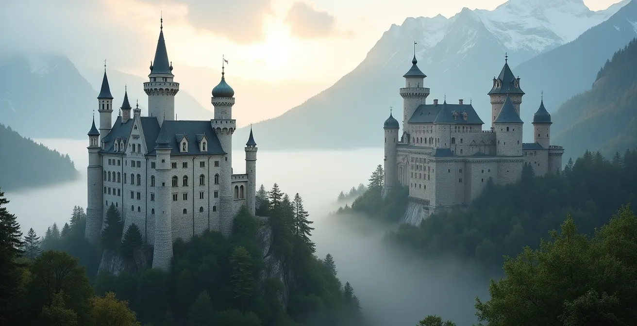 Dramatischer Kontrast zwischen romantischem Märchenschloss und mittelalterlicher Ritterburg in deutscher Landschaft