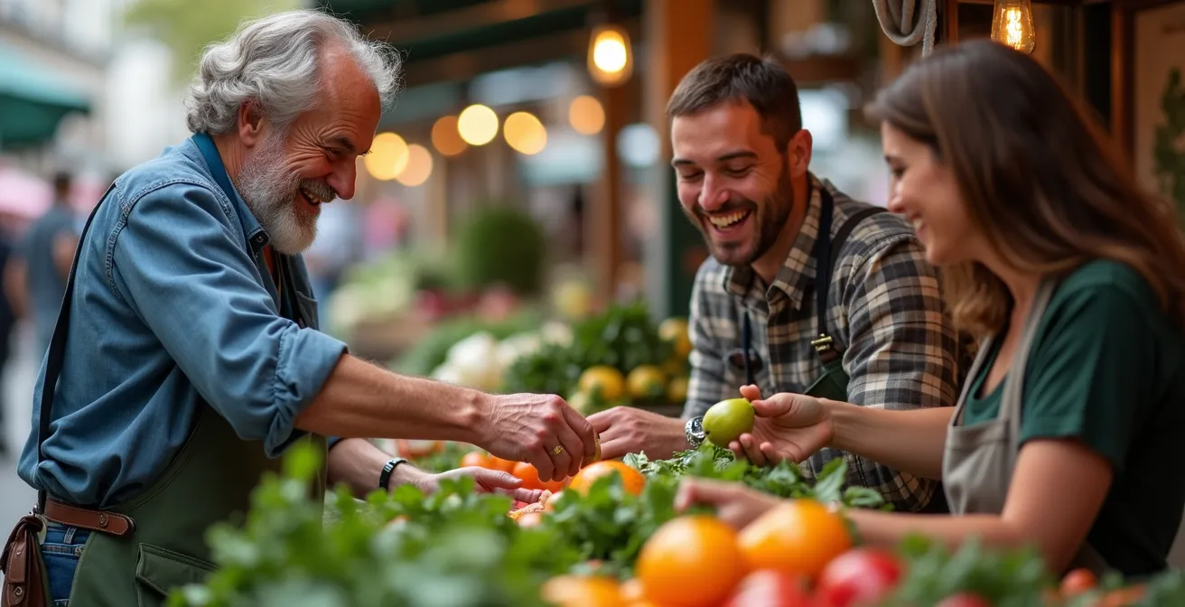 Freundliche Interaktion zwischen Markthändler und Kunde am Gemüsestand