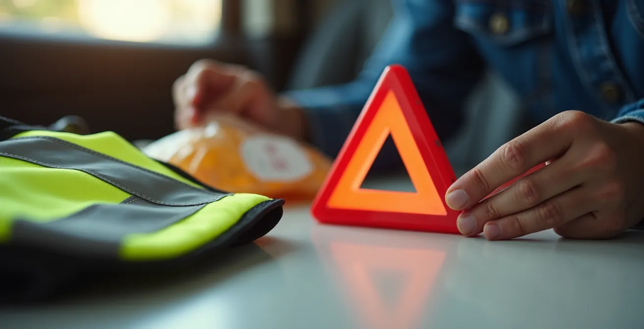 Detailaufnahme einer Fahrzeuginspektion beim Mietwagen mit Fokus auf Sicherheitsausrüstung.