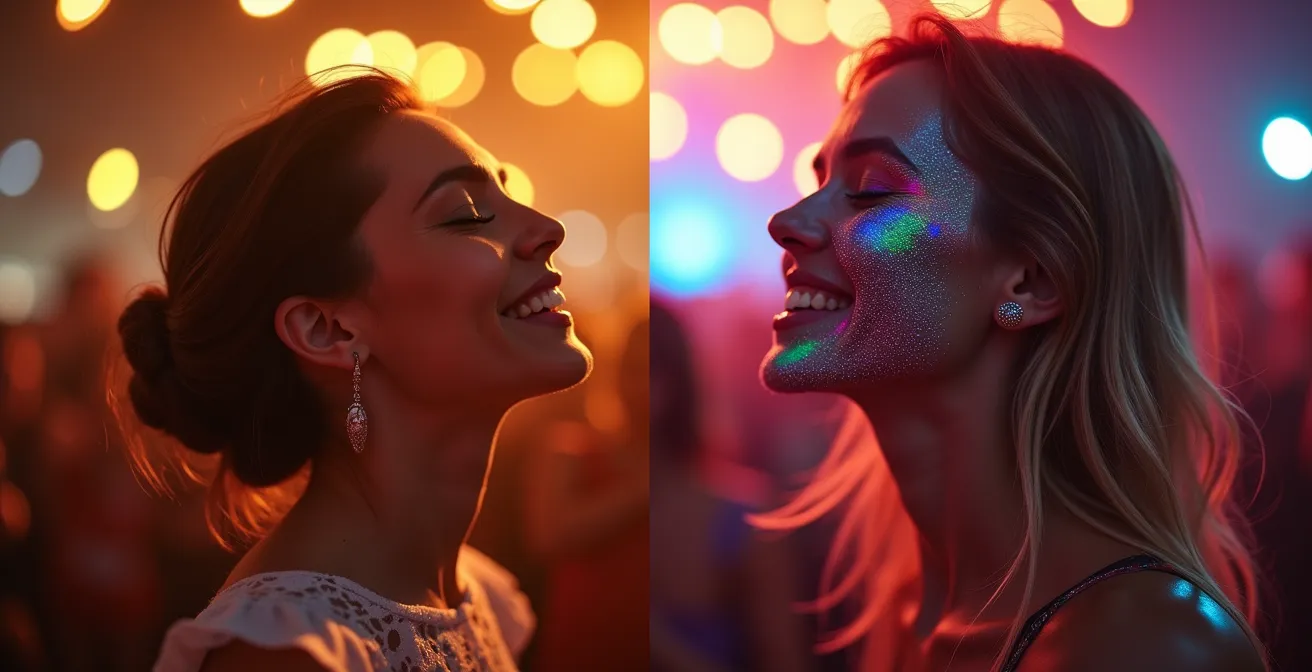 Kontrastreiche Darstellung verschiedener Musikfestival-Atmosphären in Deutschland