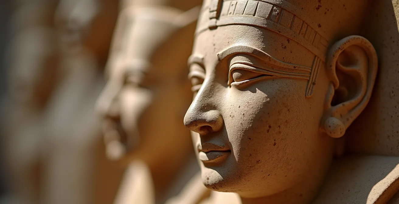 Makroaufnahme der Nofretete-Büste mit Fokus auf die kunstvollen Details der blauen Krone und des Gesichtsprofils