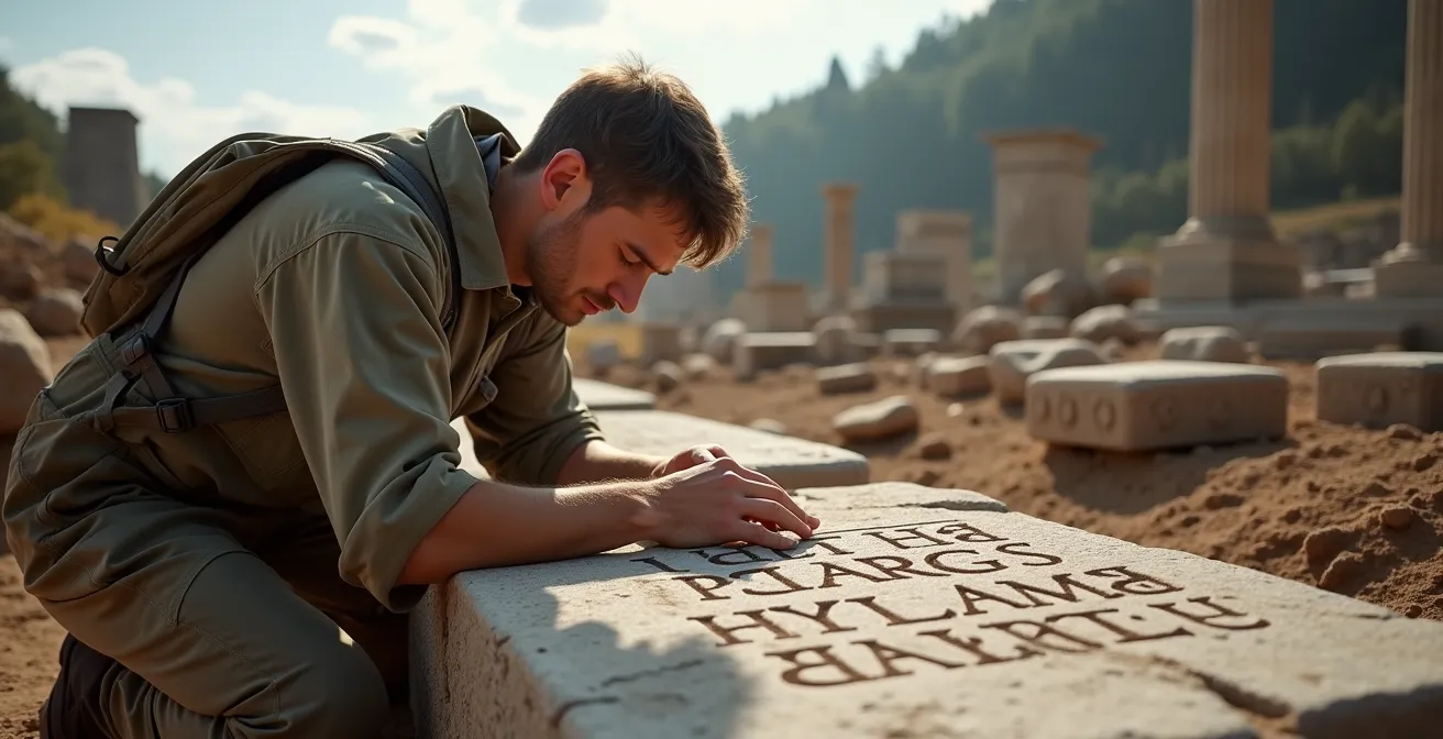 Antike römische Ruinen mit Porta Nigra und rekonstruiertem Limes-Wachturm in atmosphärischer Landschaft