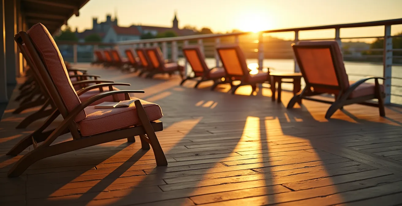 Ruhige Atmosphäre auf dem Sonnendeck eines Flusskreuzfahrtschiffs bei Sonnenuntergang