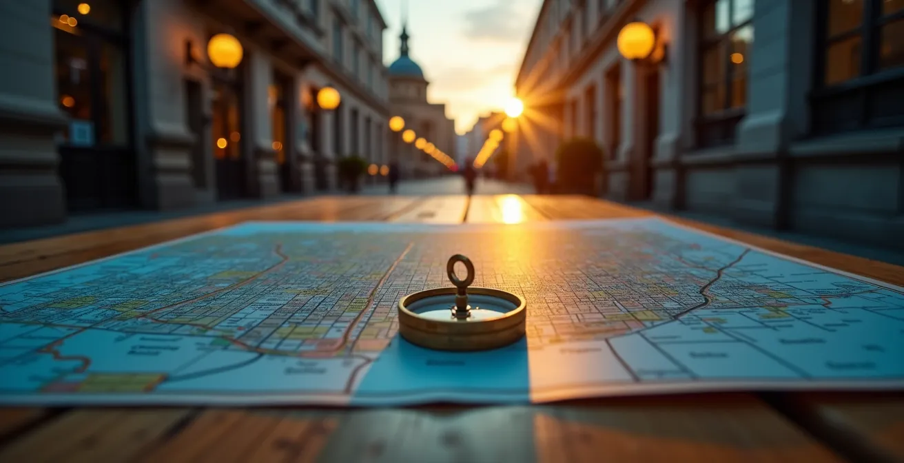 Vergleichende Darstellung verschiedener Stadtviertel mit ihren charakteristischen Merkmalen auf einer stilisierten Karte.