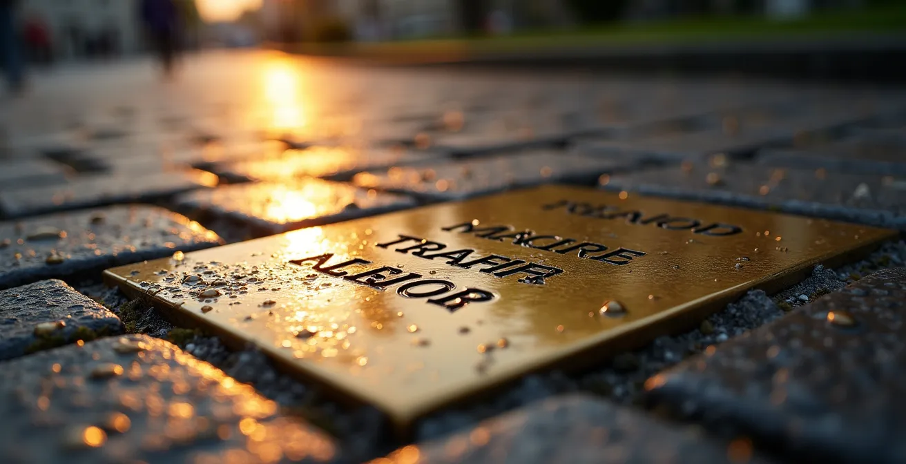 Nahaufnahme von glänzenden Stolpersteinen im Kopfsteinpflaster mit verschwommenen historischen Gebäuden im Hintergrund