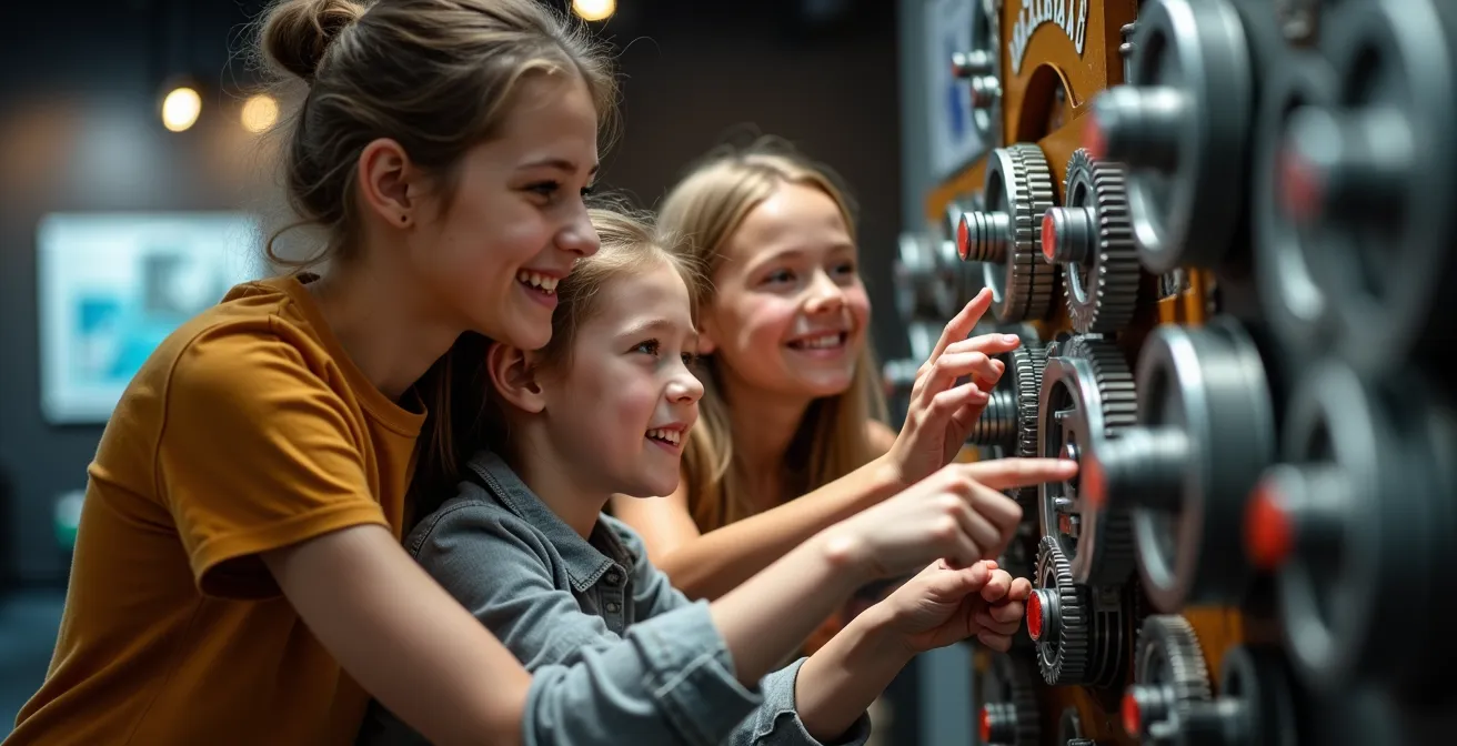 Familien erkunden gemeinsam interaktive Technikexponate in einem modernen Museum