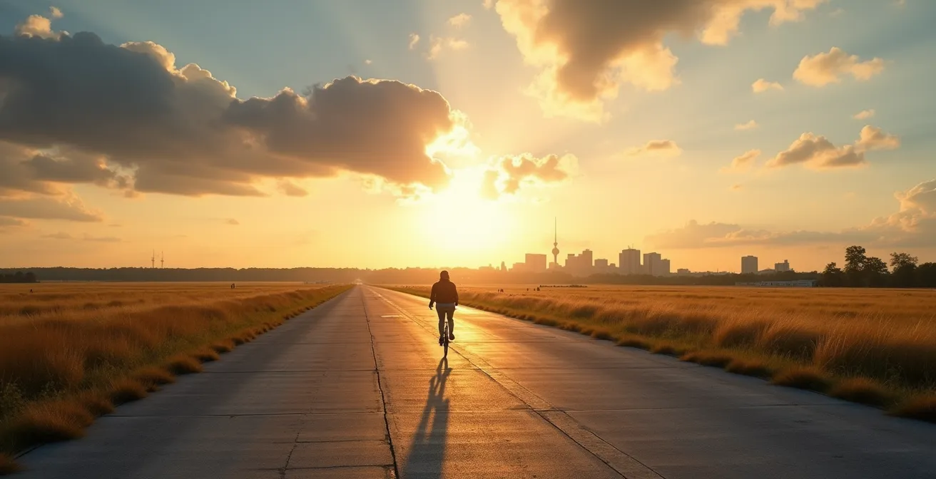 Weite Fläche des Tempelhofer Feldes mit Menschen in der Ferne