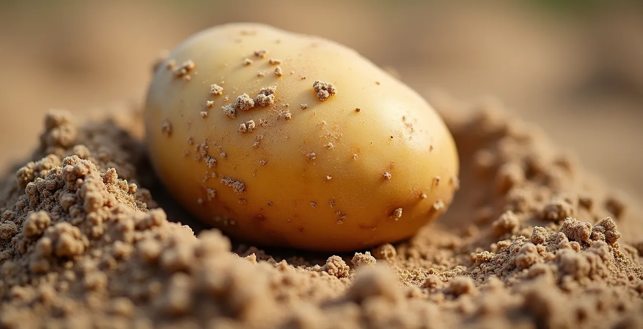 Sandige Böden der Lüneburger Heide mit einer frisch geernteten Heidekartoffel, die die Textur des Bodens zeigt.