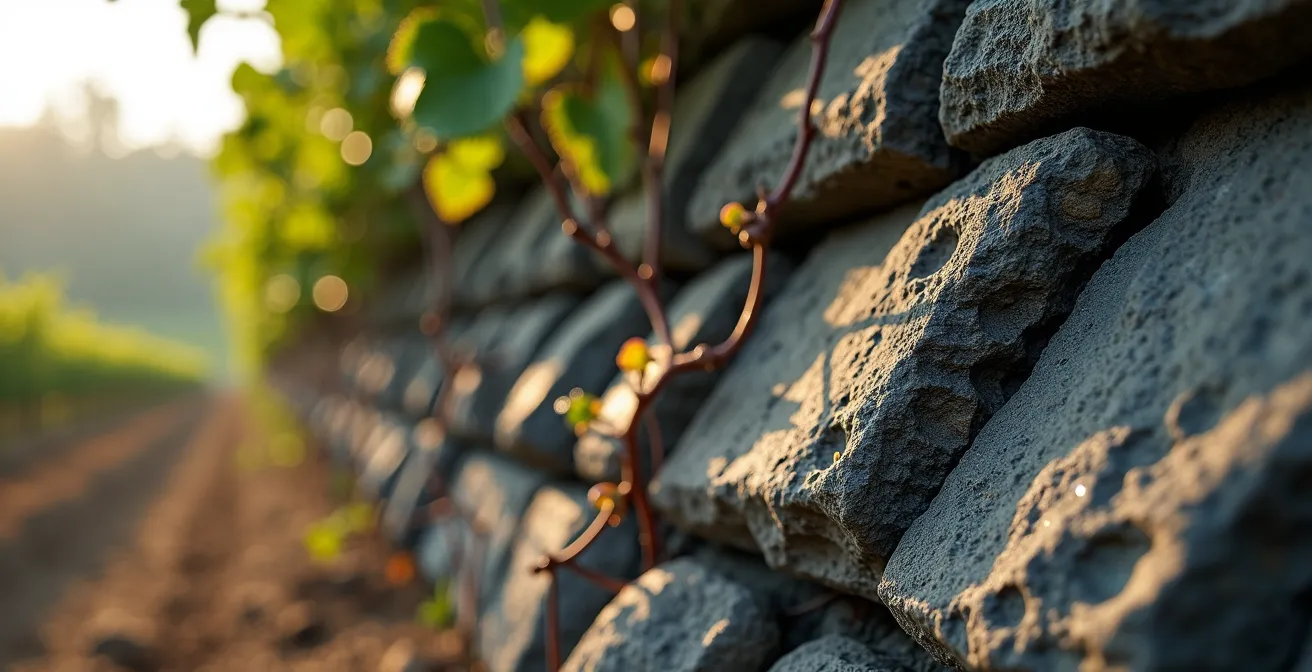 Detailaufnahme von Schiefergestein und Weinreben an der Mosel, die das Konzept des Terroirs visualisiert.
