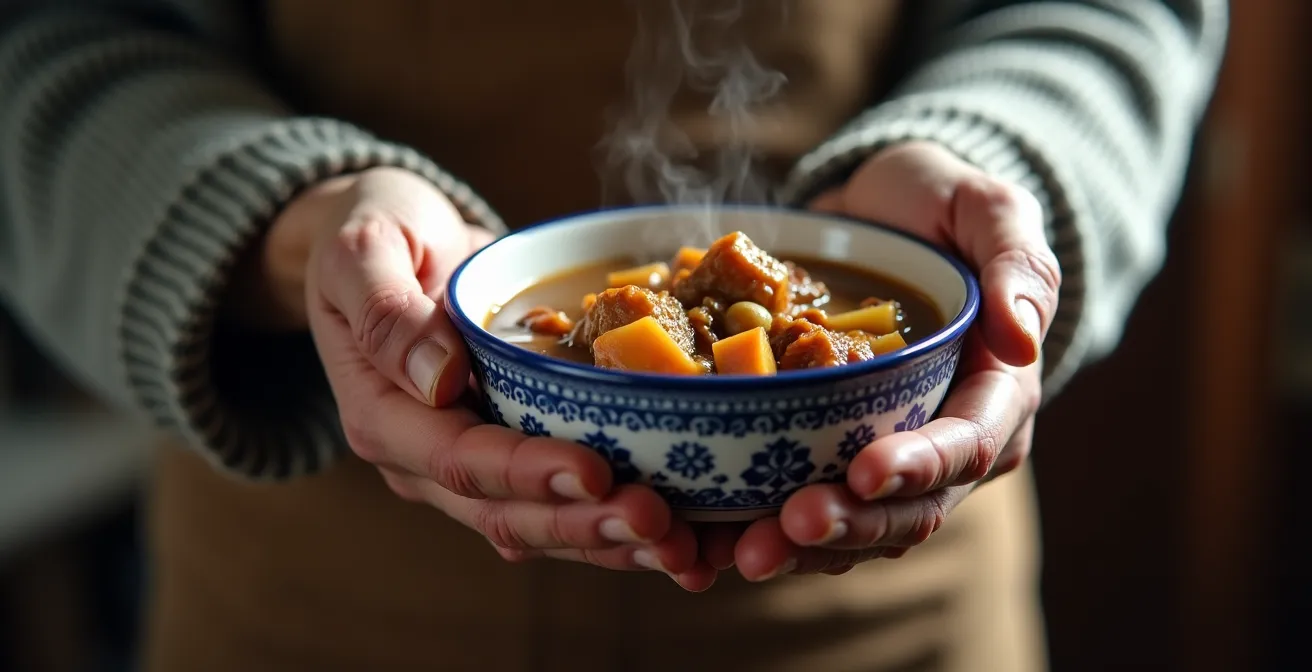 Gealterte Hände halten eine rustikale Keramikschale mit einem herzhaften deutschen Eintopf, der an traditionelles 'Arme-Leute-Essen' erinnert.