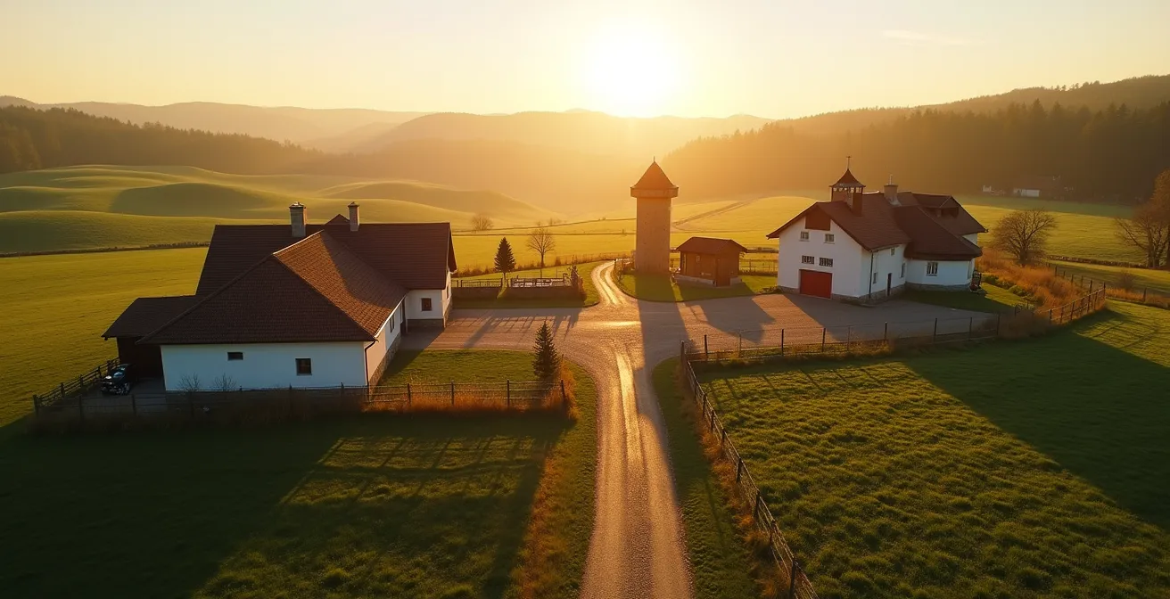 Weitwinkelaufnahme eines traditionellen deutschen Bauernhofs mit verschiedenen Produktionsbereichen