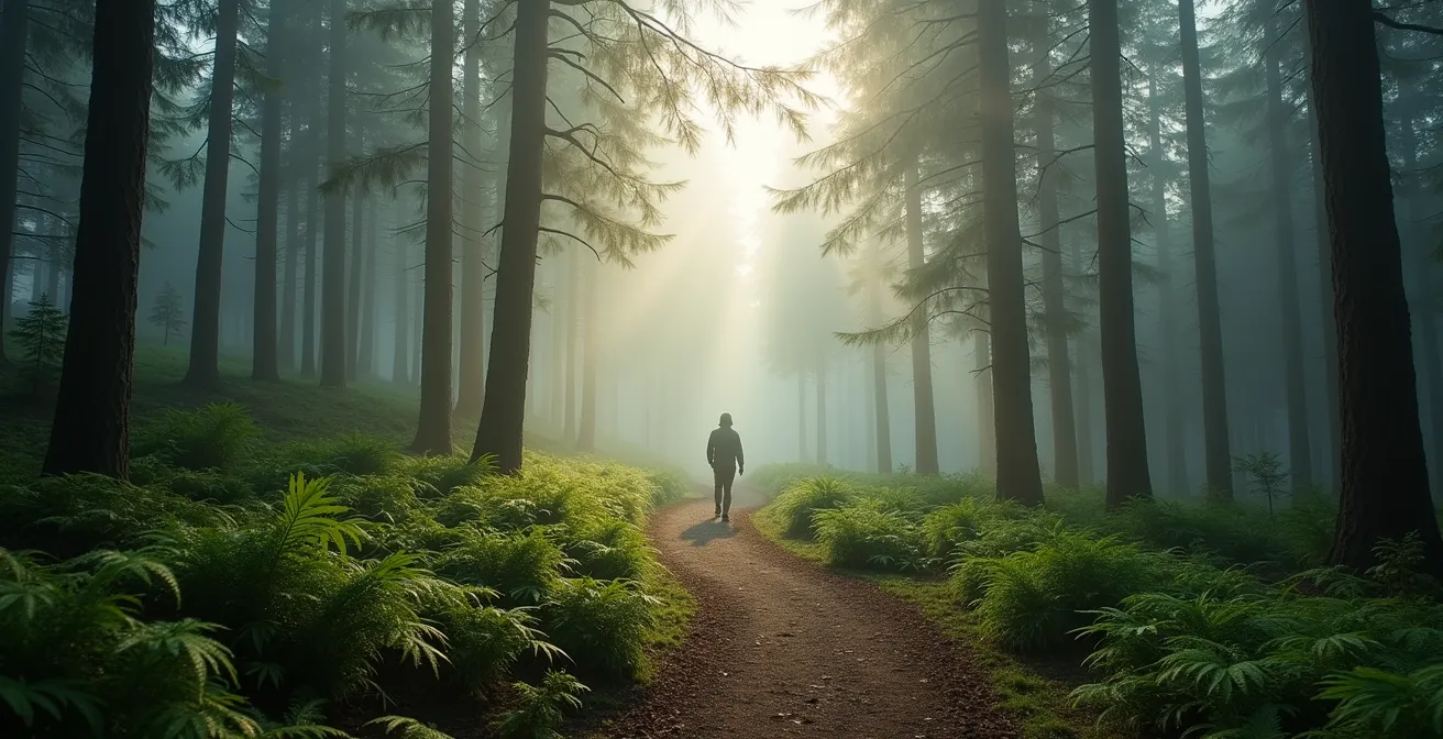 Meditativer Waldpfad im Morgennebel für therapeutisches Waldbaden