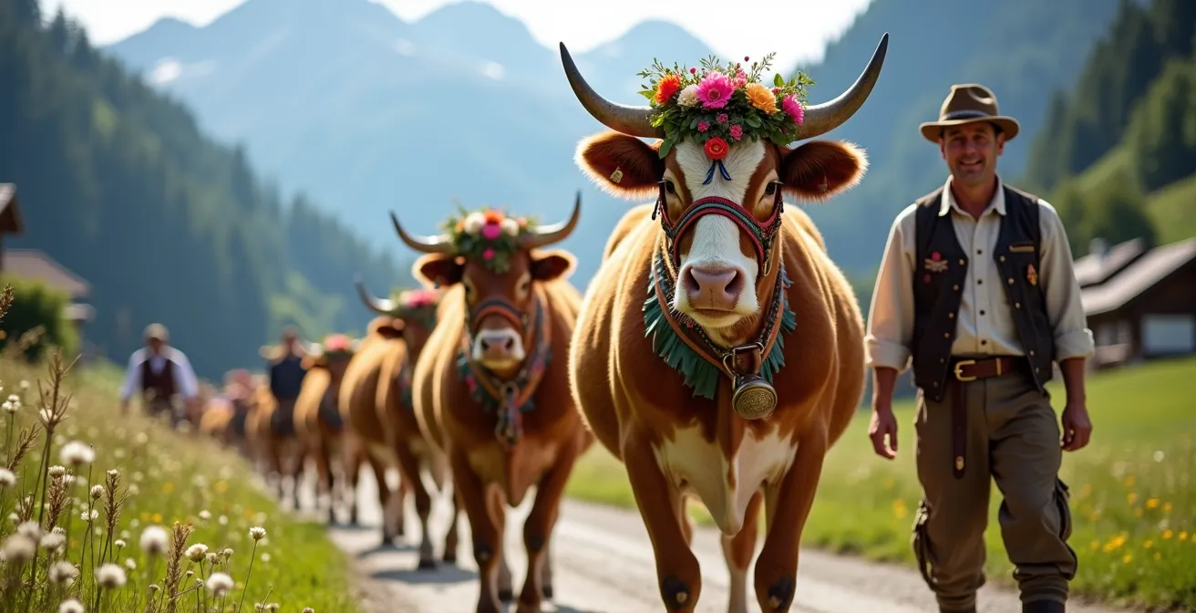 Festlich geschmückte Kühe beim traditionellen Almabtrieb in den bayerischen Alpen
