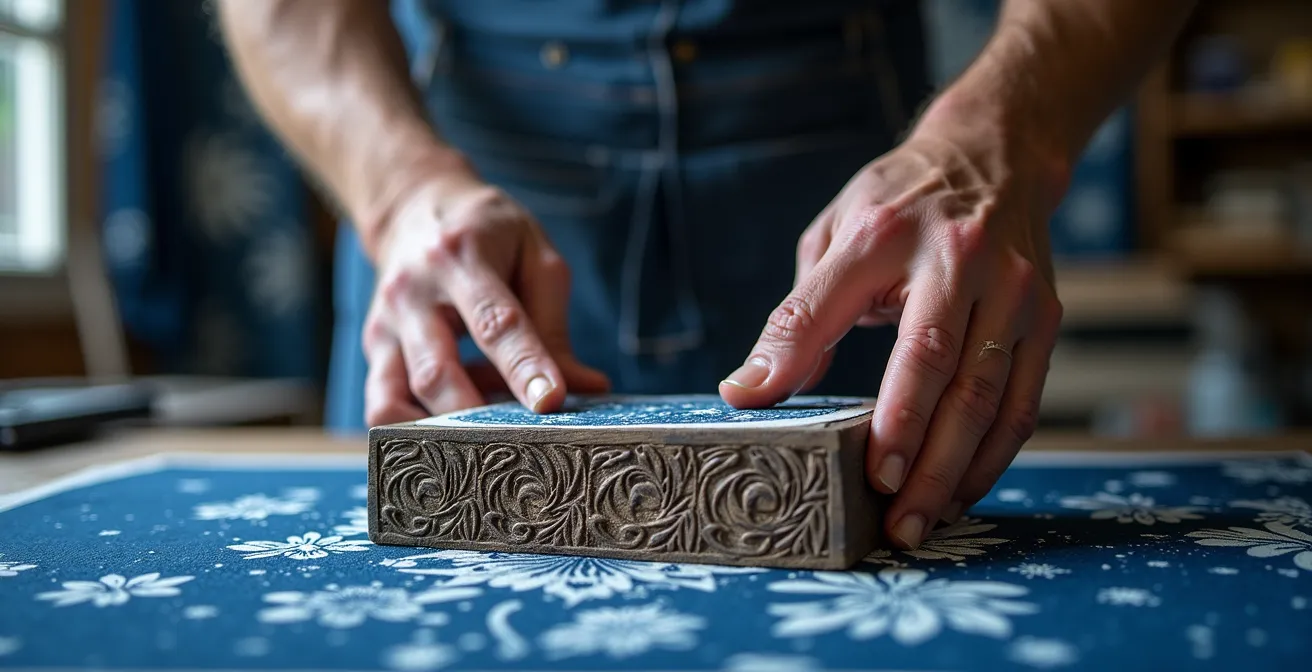 Traditioneller Blaudruck-Workshop mit historischen Druckstöcken und Indigo-Färbung