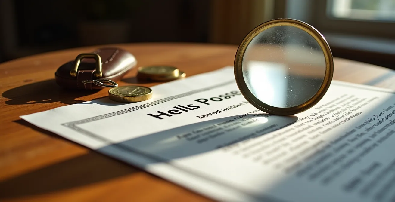 Detailaufnahme von Mietunterlagen, Schlüsseln und deutscher Hausordnung auf Holztisch