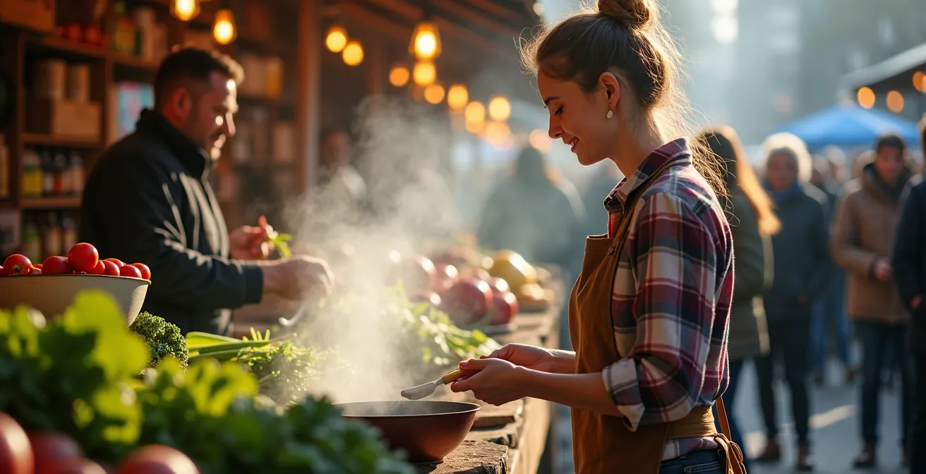 Lebendiger deutscher Wochenmarkt mit frischen Produkten, dampfenden Essensständen und Einheimischen beim gemeinsamen Mittagessen