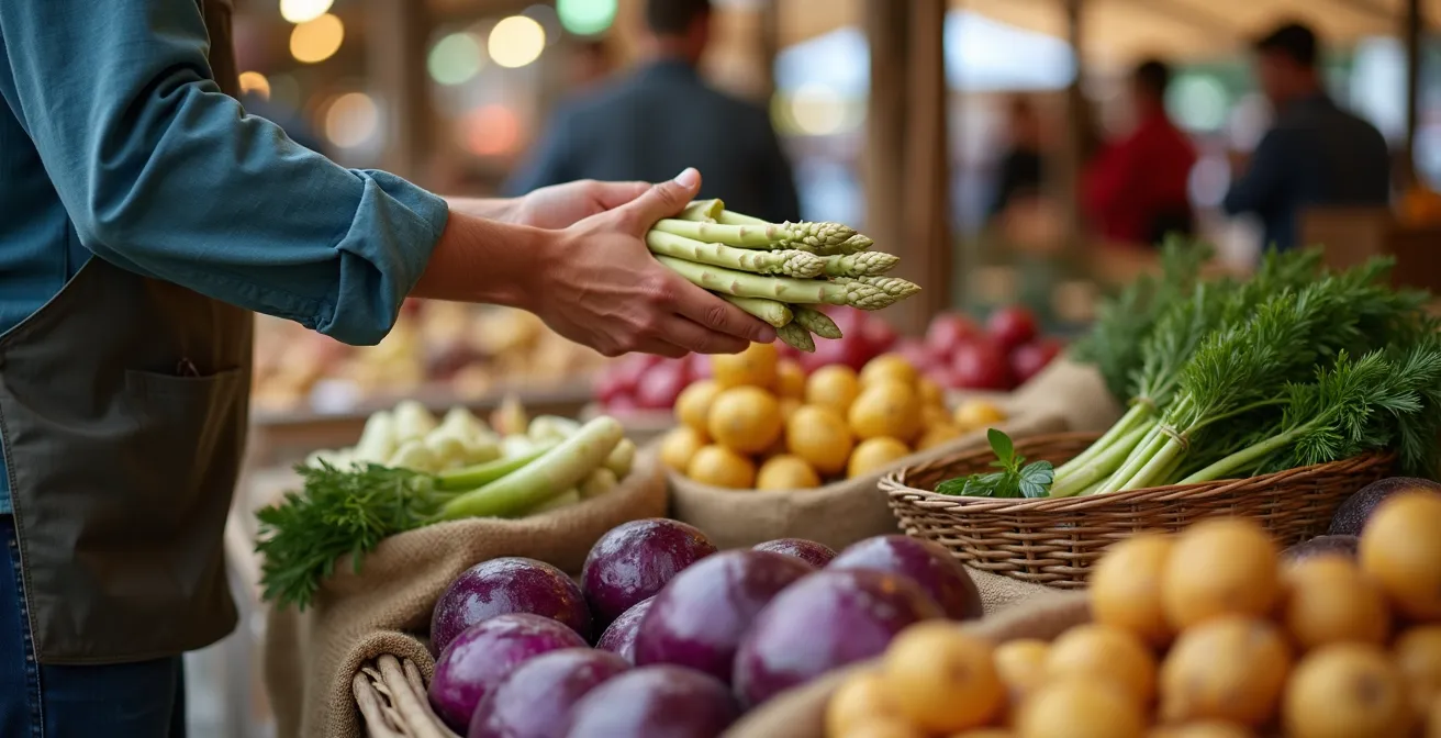 Lebendiger deutscher Wochenmarkt mit frischen regionalen Produkten und traditionellen Marktständen