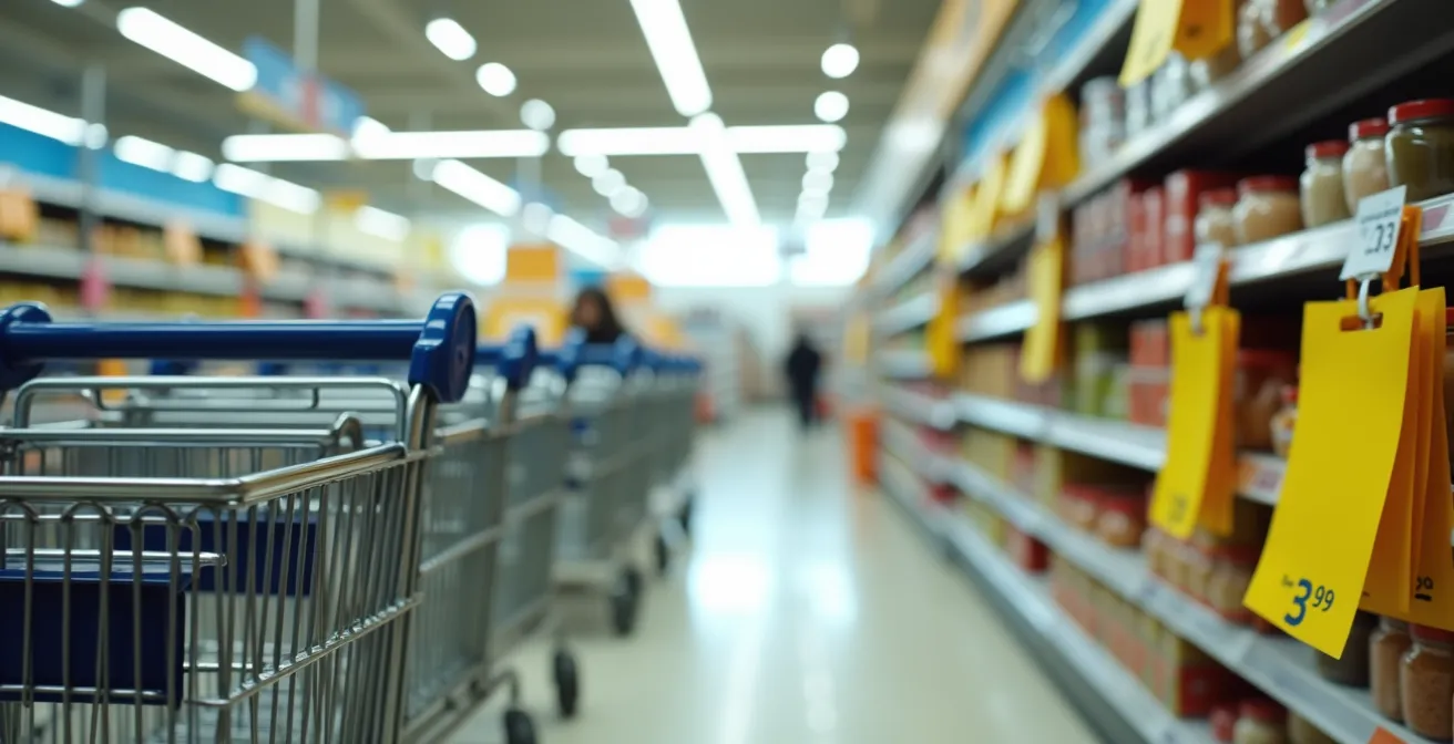 Weitwinkelaufnahme eines deutschen Discounters mit Einkaufswagen und wiederverwendbaren Taschen